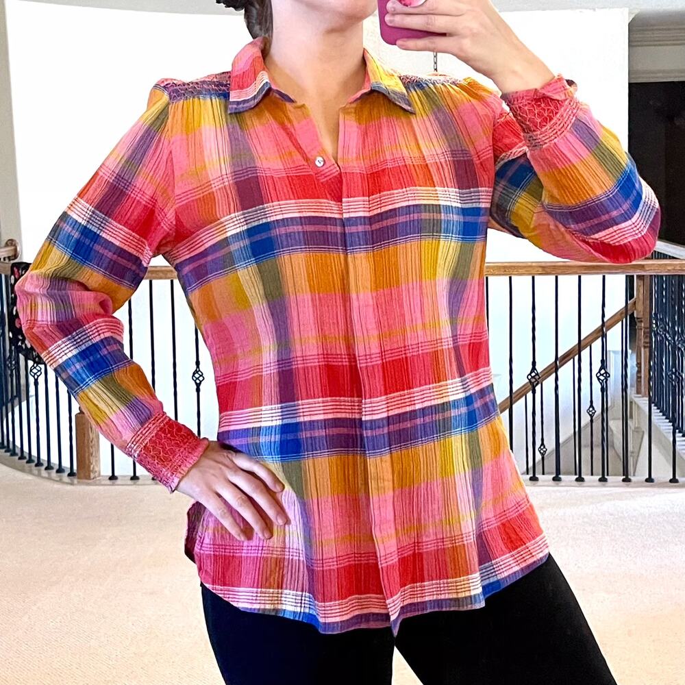 Soft Surroundings Sansonne Textured Gauze Plaid Shirt Medium Pink‎ Blue